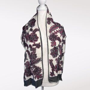 Vintage Floral Print Wool Blend Rectangle Scarf Gray Red White